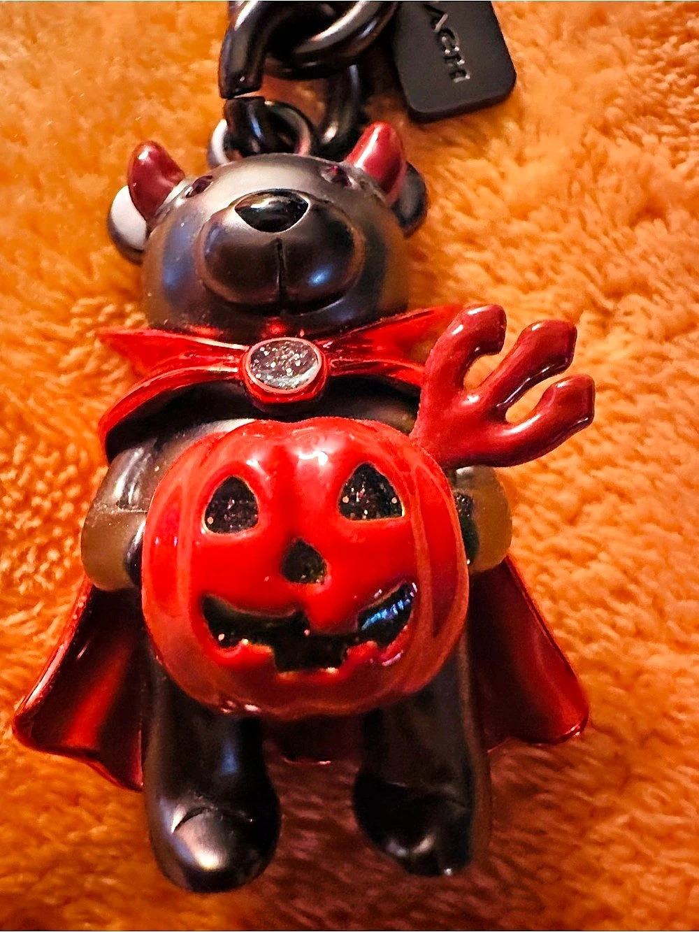 Coach Halloween Bear Pumpkin Keychain in Black & Red Like New